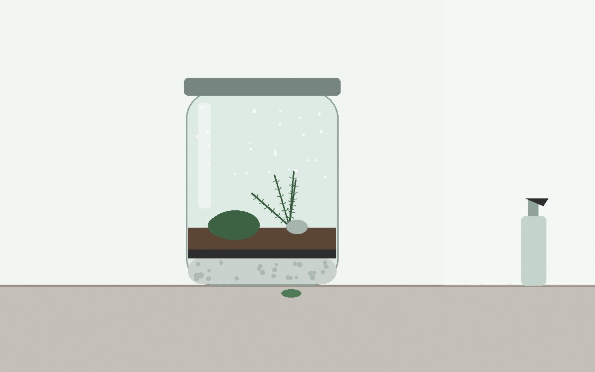 A closed glass jar terrarium with layered gravel, charcoal and soil, moss and tiny ferns, fogged at the top